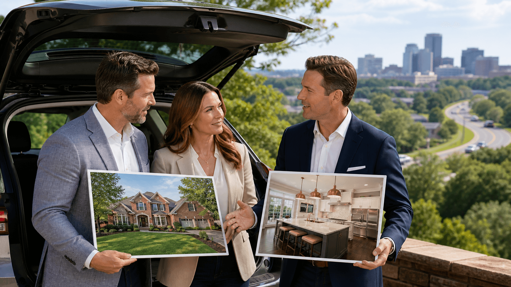 Split-view suburban homes with a price tag, renovated kitchen, and sunlit road leading toward a city skyline