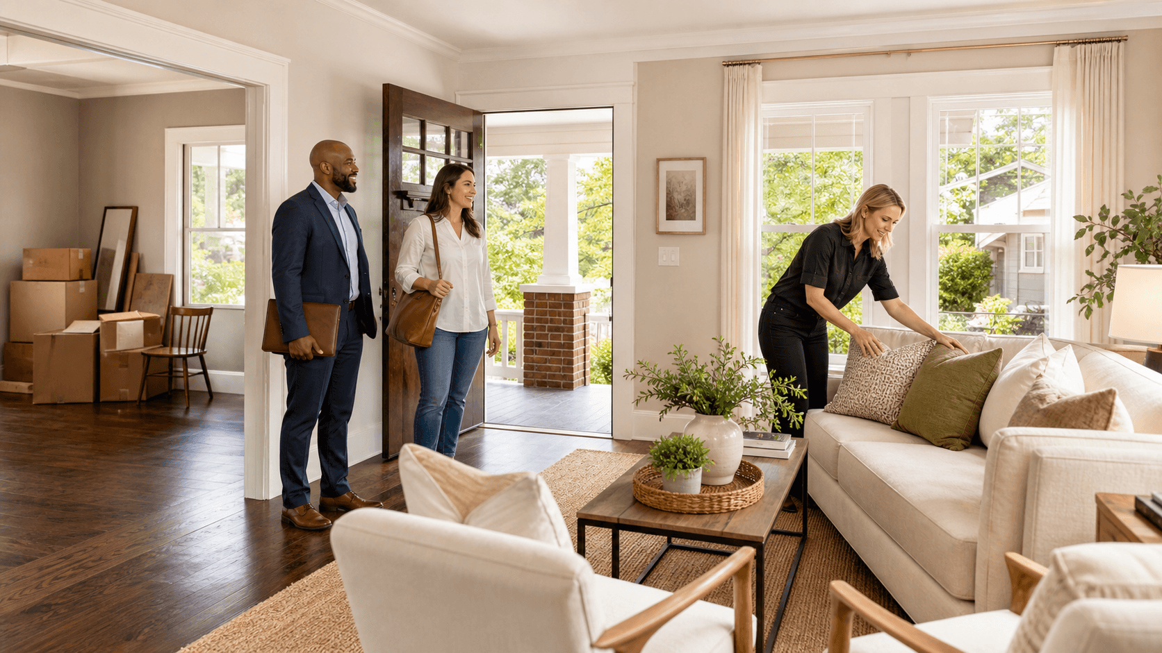 Bright Birmingham living room with staged neutral furniture beside an empty, shadowy room split down the center.