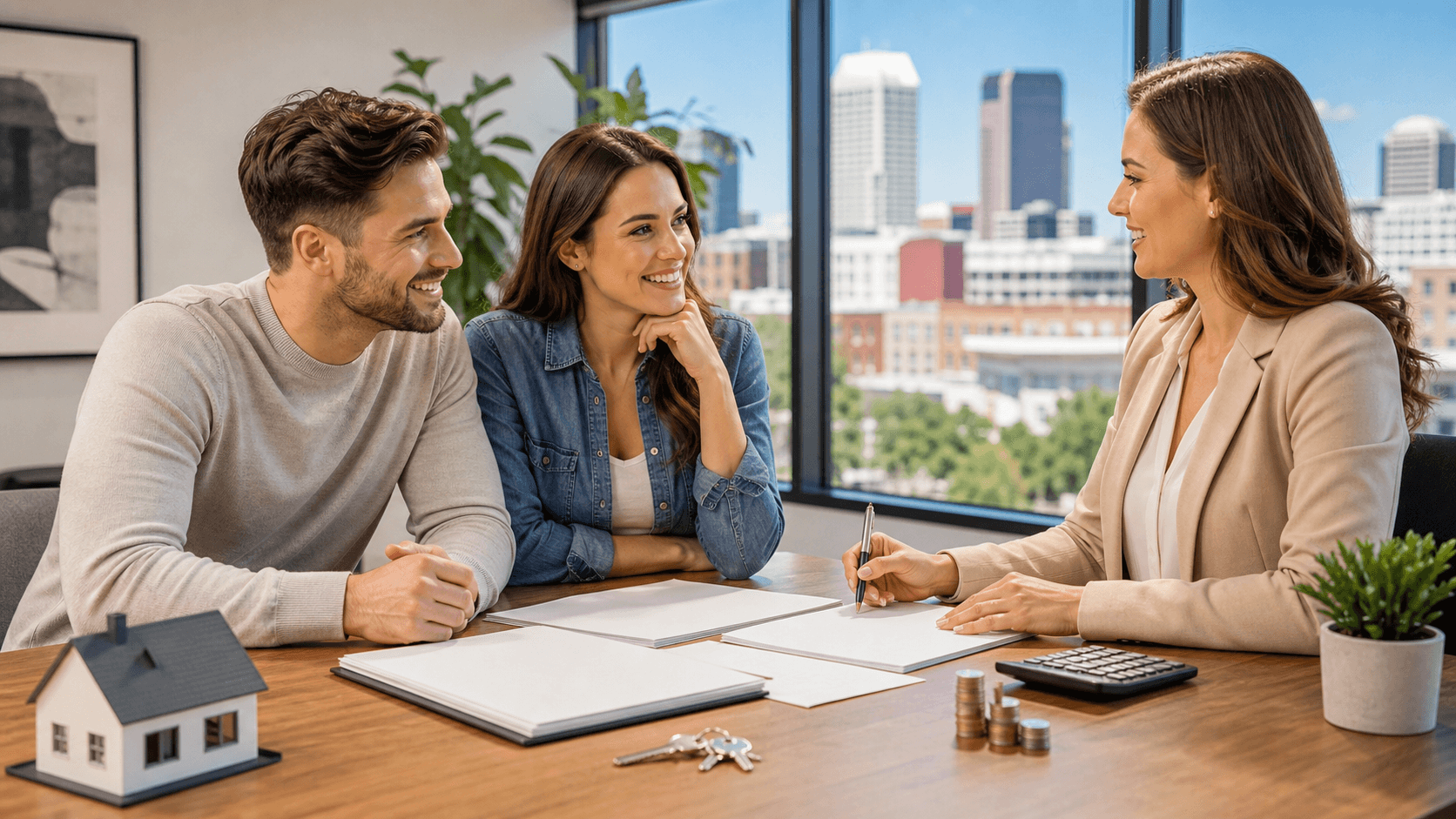 Smiling couple reviews paperwork beside a house model, calculator, and keys on a bright wooden table.