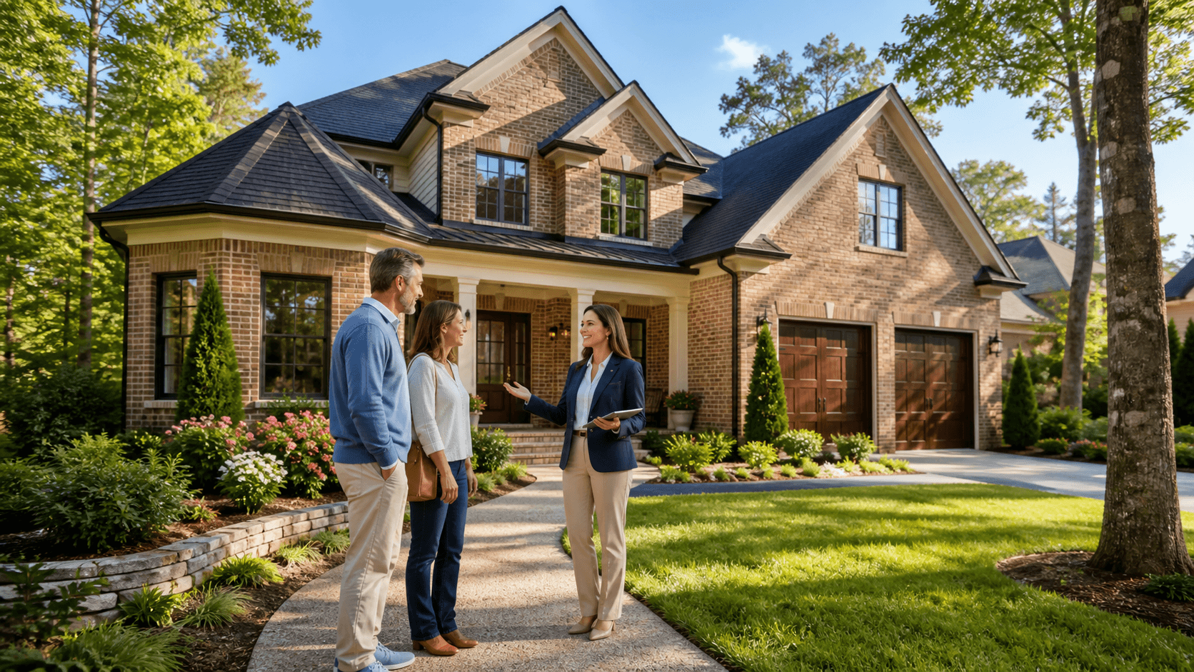 Sunlit suburban two-story home with a brick facade, green lawn, and tree-lined driveway.
